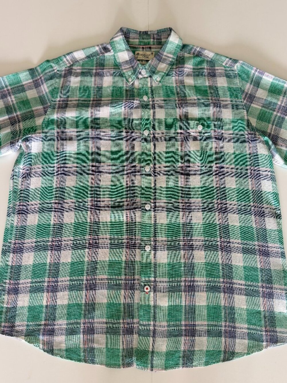 Weatherproof Vintage Mens XL Plaid Linen Cotton Short Sleeve Button Down Shirt